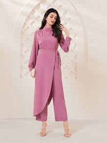 Modelyn 小高領燈籠袖連身褲和圍裹側打結圍裙 - 粉色 - 查看 5