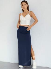 SHEIN EZwear 素色褶邊高衩半身裙 - 藏蓝色 - 查看 4