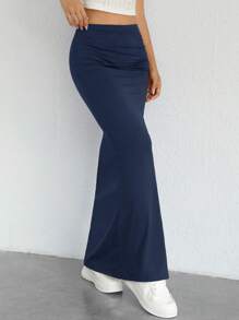 SHEIN EZwear 素色褶邊高衩半身裙 - 藏蓝色 - 查看 5