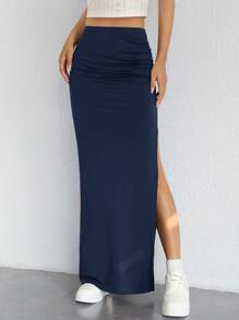 SHEIN EZwear 素色褶邊高衩半身裙 - 藏蓝色 - 查看 6