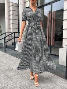 SHEIN Privé 滿版印花泡泡袖繫腰帶連衣裙 - 黑與白 - 查看 1