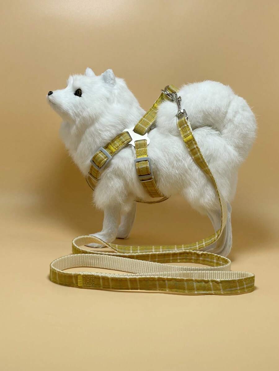 1套格紋印花寵物牽引繩和背帶 - 黃色 - 查看 1