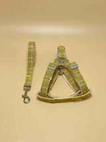 1套格紋印花寵物牽引繩和背帶 - 黃色 - 查看 2