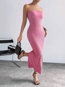 SHEIN Privé Đầm Lộ Lưng Chia màu trơn Thanh lịch - Hồng - Xem 1