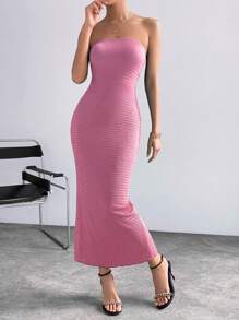 SHEIN Privé Đầm Lộ Lưng Chia màu trơn Thanh lịch - Hồng - Xem 3