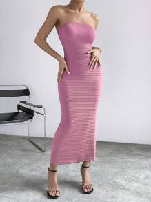 SHEIN Privé Đầm Lộ Lưng Chia màu trơn Thanh lịch - Hồng - Xem 5