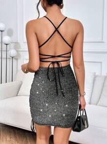 SHEIN Privé Đầm Lộ Lưng Hội Chữ thập Ren lên màu trơn Gợi cảm - Màu xám đen - Xem 1