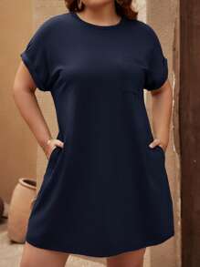 SHEIN LUNE Đầm Plus Size Túi màu trơn Giải trí - Màu xanh hải quân - Xem 1