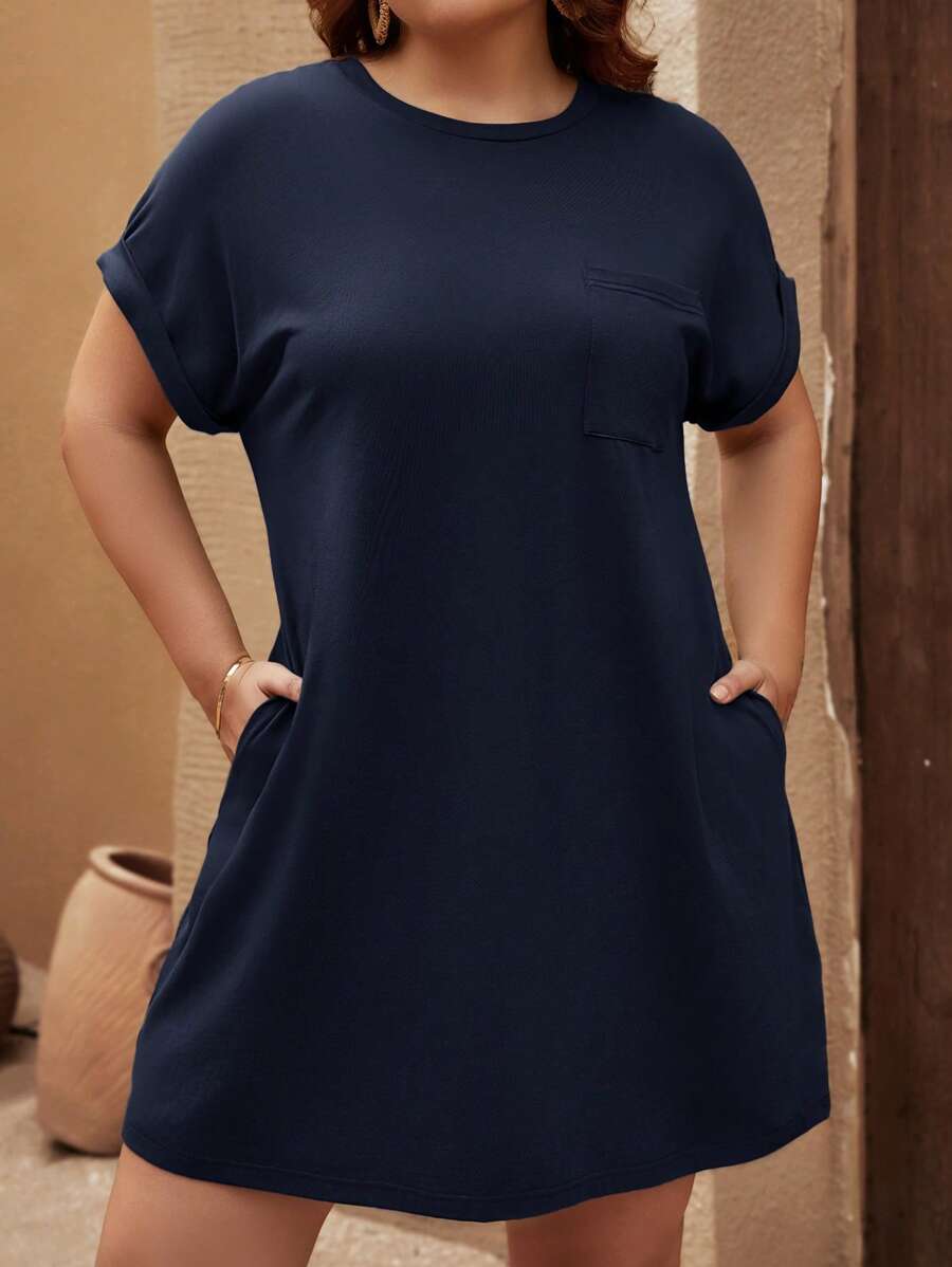 SHEIN LUNE Đầm Plus Size Túi màu trơn Giải trí - Màu xanh hải quân - Xem 1