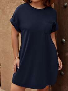 SHEIN LUNE Đầm Plus Size Túi màu trơn Giải trí - Màu xanh hải quân - Xem 4