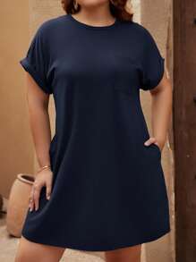 SHEIN LUNE Đầm Plus Size Túi màu trơn Giải trí - Màu xanh hải quân - Xem 5