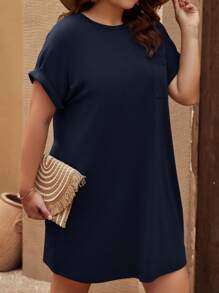 SHEIN LUNE Đầm Plus Size Túi màu trơn Giải trí - Màu xanh hải quân - Xem 6