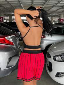 SHEIN SXY 條紋和字母圖案腰部抽繩短褲 - 紅色 - 查看 2