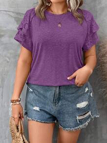 SHEIN LUNE 大碼蕾絲拼接蝴蝶袖T恤 - 紫色 - 查看 6