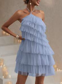 GENKIRA Layer Hem Backless Mesh Overlay Halter Dress Tulle Dress - Baby Blue - View 1