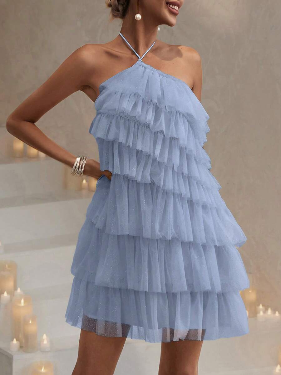 GENKIRA Layer Hem Backless Mesh Overlay Halter Dress Tulle Dress - Baby Blue - View 1