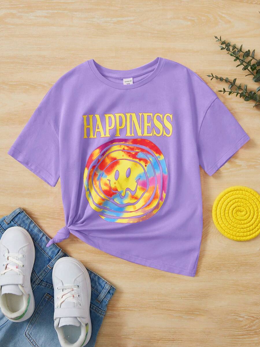 SHEIN Girls Letter & Cartoon Graphic Drop Shoulder Tee - Lilac Purple - View 1