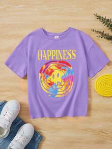 SHEIN Girls Letter & Cartoon Graphic Drop Shoulder Tee - Lilac Purple - View 3