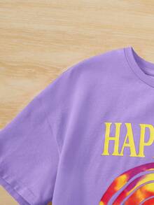 SHEIN Girls Letter & Cartoon Graphic Drop Shoulder Tee - Lilac Purple - View 5