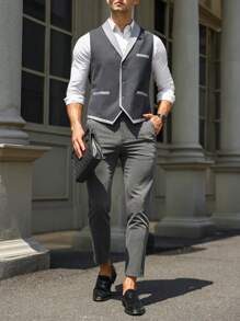 Manfinity Mode Áo cộc tay Nam Bất đối xứng Nút phía trước Khối Màu Công việc - Màu xám đen - Xem 3