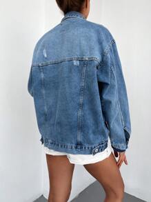 EURMUSE Flap Pocket Drop Shoulder Denim Jacket - Medium Wash - View 2