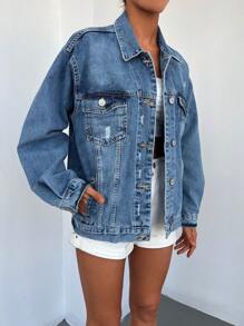EURMUSE Flap Pocket Drop Shoulder Denim Jacket - Medium Wash - View 4