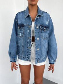 EURMUSE Flap Pocket Drop Shoulder Denim Jacket - Medium Wash - View 5