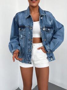 EURMUSE Flap Pocket Drop Shoulder Denim Jacket - Medium Wash - View 6