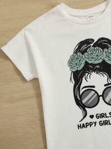 SHEIN Leap Crew 青少女身形和標語圖案的t恤和束腰褲