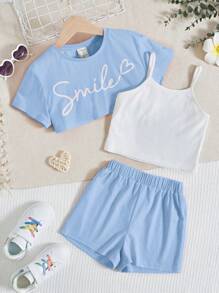 SHEIN Cô gái Tween Đồ họa Chữ cái Áo Cami & Quần short & Áo phông Crop - Màu xanh nhạt - Xem 2