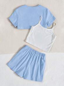 SHEIN Cô gái Tween Đồ họa Chữ cái Áo Cami & Quần short & Áo phông Crop - Màu xanh nhạt - Xem 3