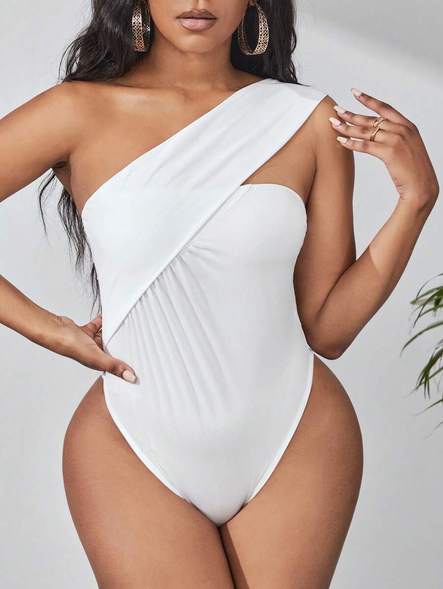Slaydiva One Shoulder Solid Bodysuit - White - View 1