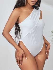 Slaydiva One Shoulder Solid Bodysuit - White - View 3