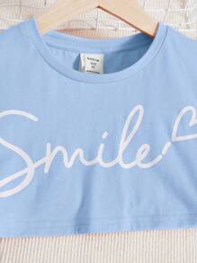 SHEIN Cô gái Tween Đồ họa Chữ cái Áo Cami & Quần short & Áo phông Crop - Màu xanh nhạt - Xem 6