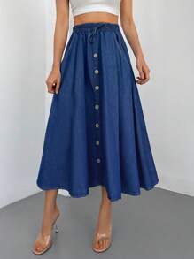 Cottnline Drawstring Waist Button Front Denim Skirt - Dark Wash - View 1