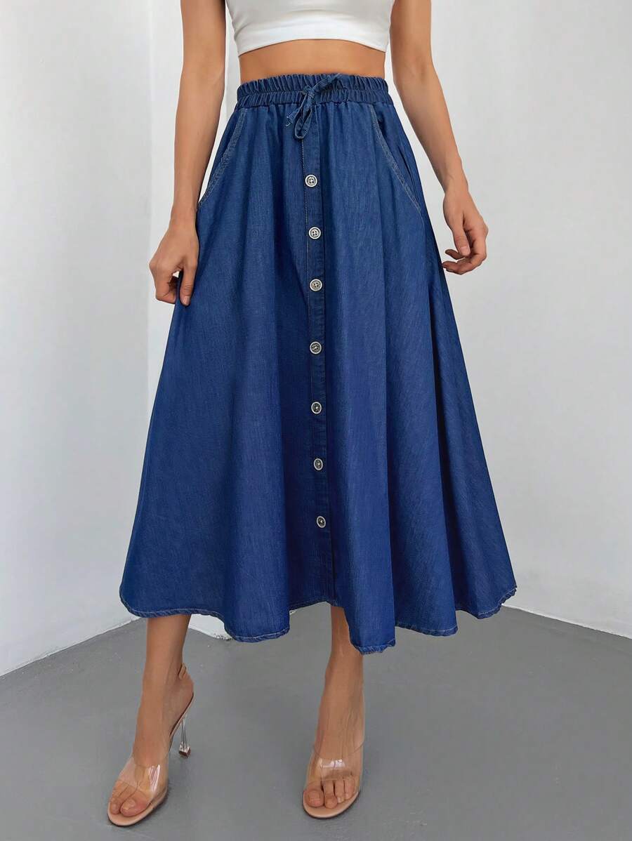Cottnline Drawstring Waist Button Front Denim Skirt - Dark Wash - View 1