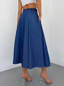 Cottnline Drawstring Waist Button Front Denim Skirt - Dark Wash - View 2