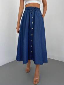 Cottnline Drawstring Waist Button Front Denim Skirt - Dark Wash - View 3
