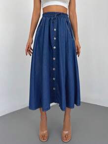 Cottnline Drawstring Waist Button Front Denim Skirt - Dark Wash - View 4