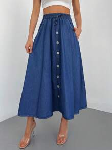 Cottnline Drawstring Waist Button Front Denim Skirt - Dark Wash - View 5