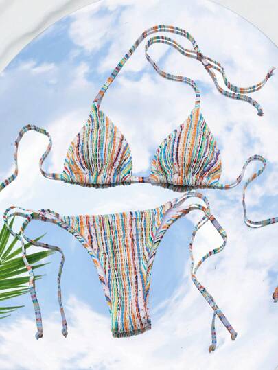 Swim Mod Summer Beach Striped Triangle Tie Side Bikini Set