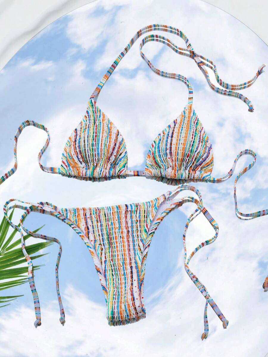 Swim Mod Summer Beach Striped Triangle Tie Side Bikini Set - Multicolor - View 1