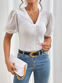 SHEIN Privé 前扭結泡泡袖T恤 - 白色 - 查看 1