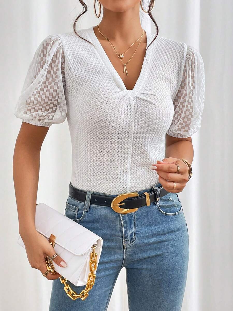 SHEIN Privé 前扭結泡泡袖T恤 - 白色 - 查看 1