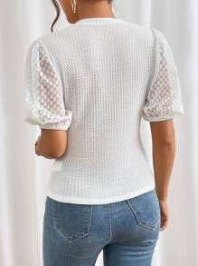 SHEIN Privé 前扭結泡泡袖T恤 - 白色 - 查看 2