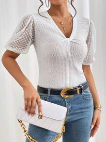 SHEIN Privé 前扭結泡泡袖T恤 - 白色 - 查看 3