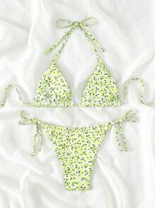 Swim Mod Summer Beach Ditsy Floral Triangle Tie Side Bikini Set - Yellow - View 2