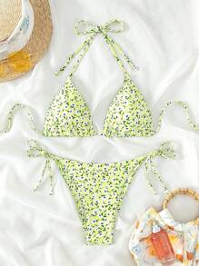 Swim Mod Summer Beach Ditsy Floral Triangle Tie Side Bikini Set - Yellow - View 3