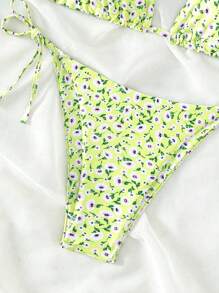 Swim Mod Summer Beach Ditsy Floral Triangle Tie Side Bikini Set - Yellow - View 4
