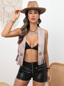 RELISH NOLESS Áo khoác nhẹ tua rua da lộn phong cách Tây dành cho nữ phong cách Cowgirl Boho Hippie Old Money Bohemian Festival - Hồng - Xem 5